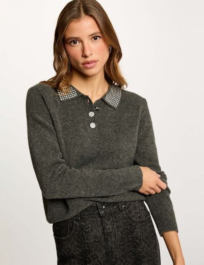 Pull ajusté col à revers gris foncé femme