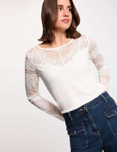 T-shirt dentelle manches longues blanc femme
