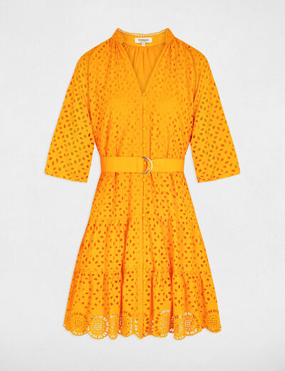 Robe courte trapèze brodée orange femme
