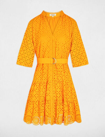 Robe courte trapèze brodée orange femme
