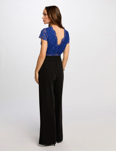 Kanten T-shirt met V-hals bleu electrique vrouw