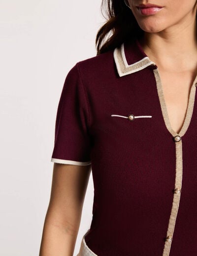 Pull col polo manches courtes prune femme