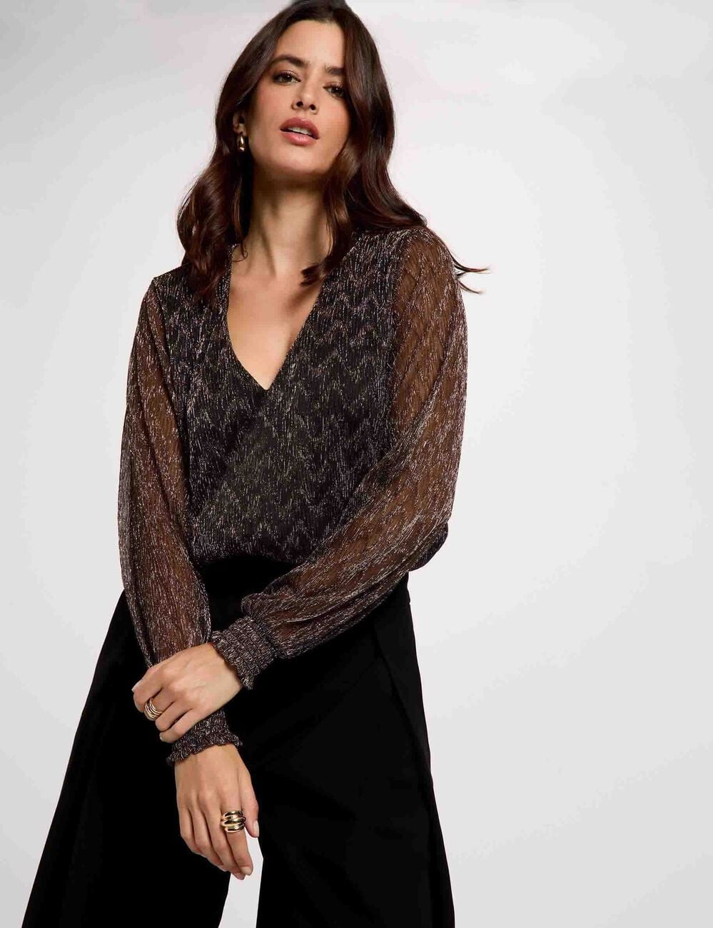 Blouse col v manches longues couleur bronze femme