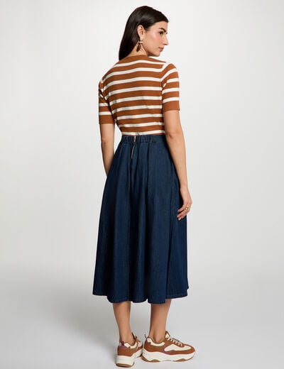 Lange uitlopende rok ruw denim vrouw