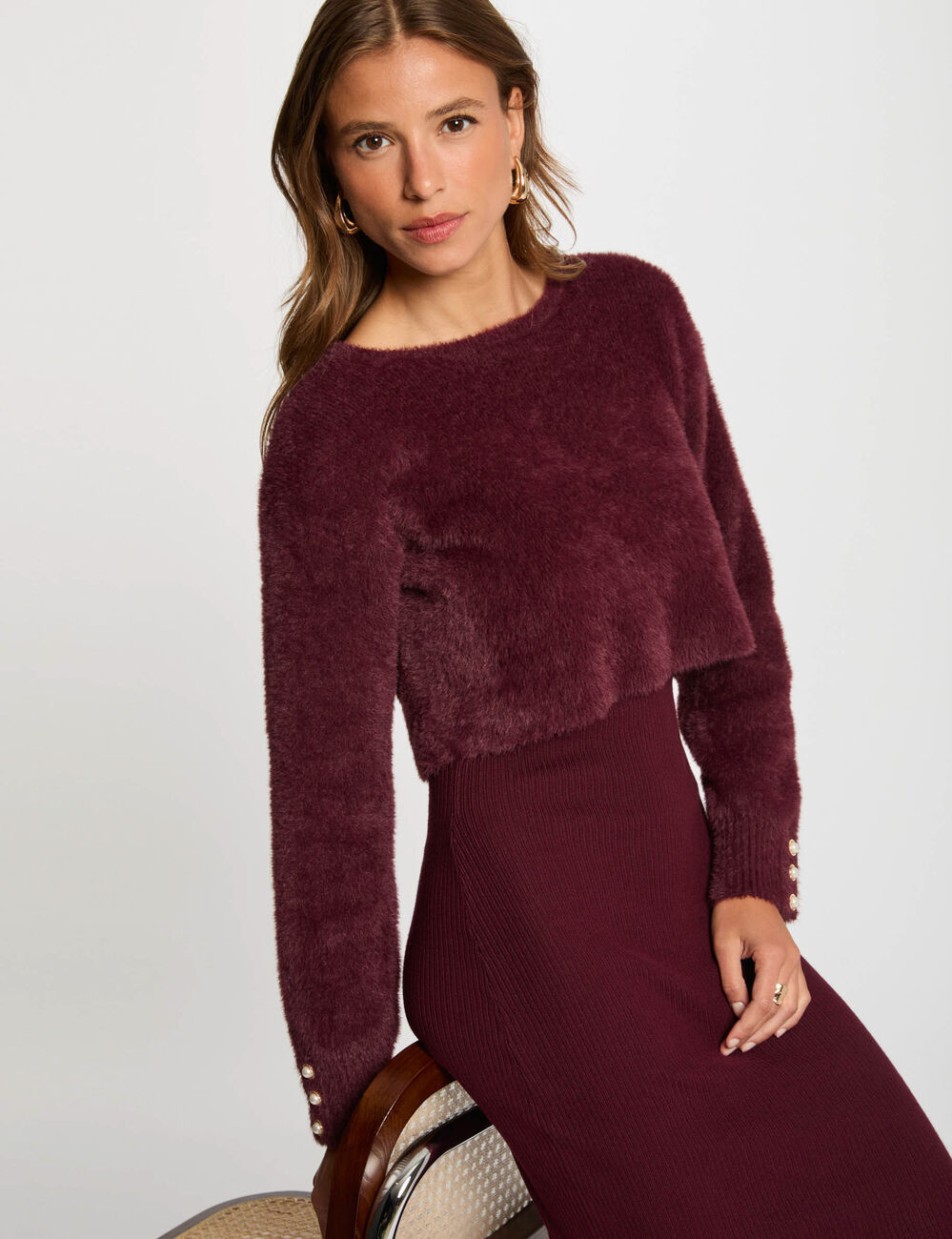 Robe tricot midi ajust&eacute;e 2-en-1 prune femme