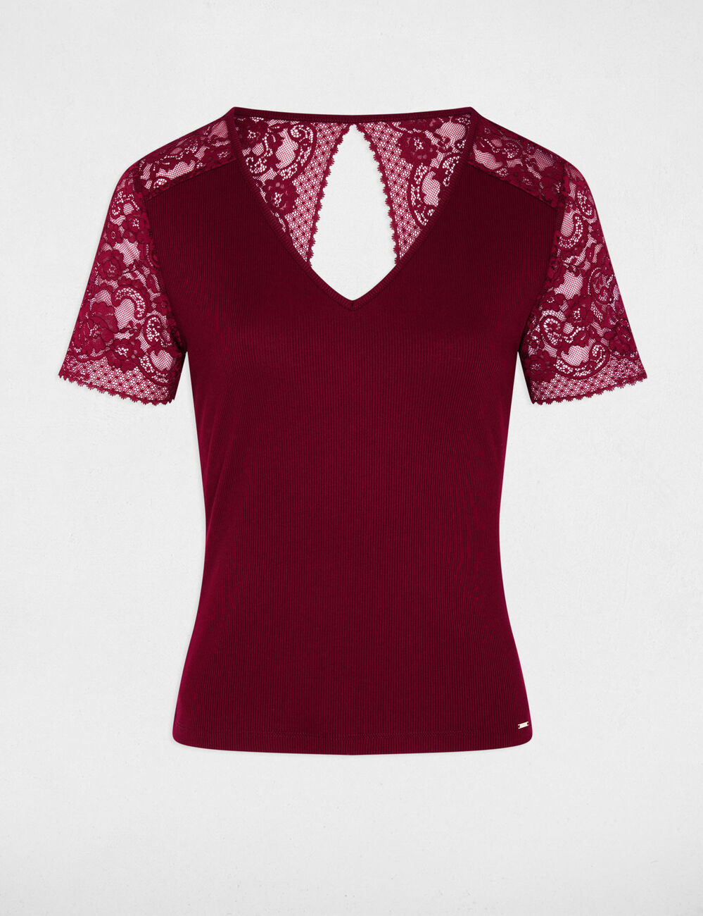 Kant T-shirt met V-hals bordeaux vrouw