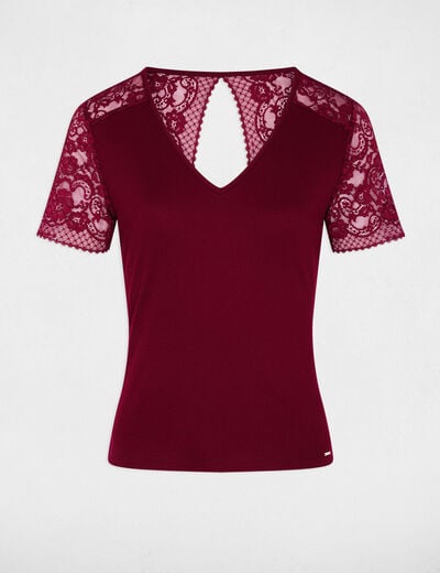 Kant T-shirt met V-hals bordeaux vrouw