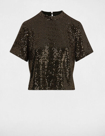 T-shirt met pailletten en hoge kraag goudgeel vrouw