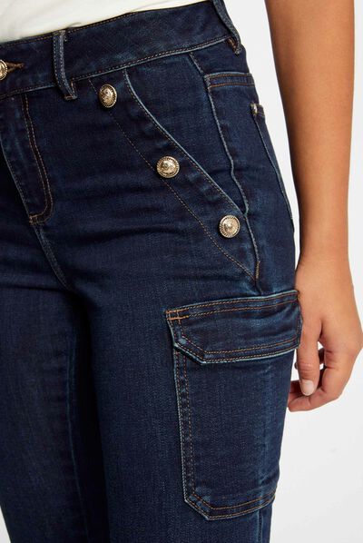 Skinny cargojeans met bruggen raw jeans vrouw