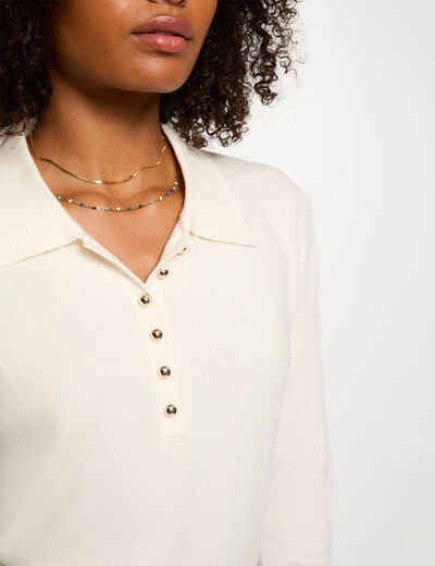 Pull col polo manches longues ivoire femme