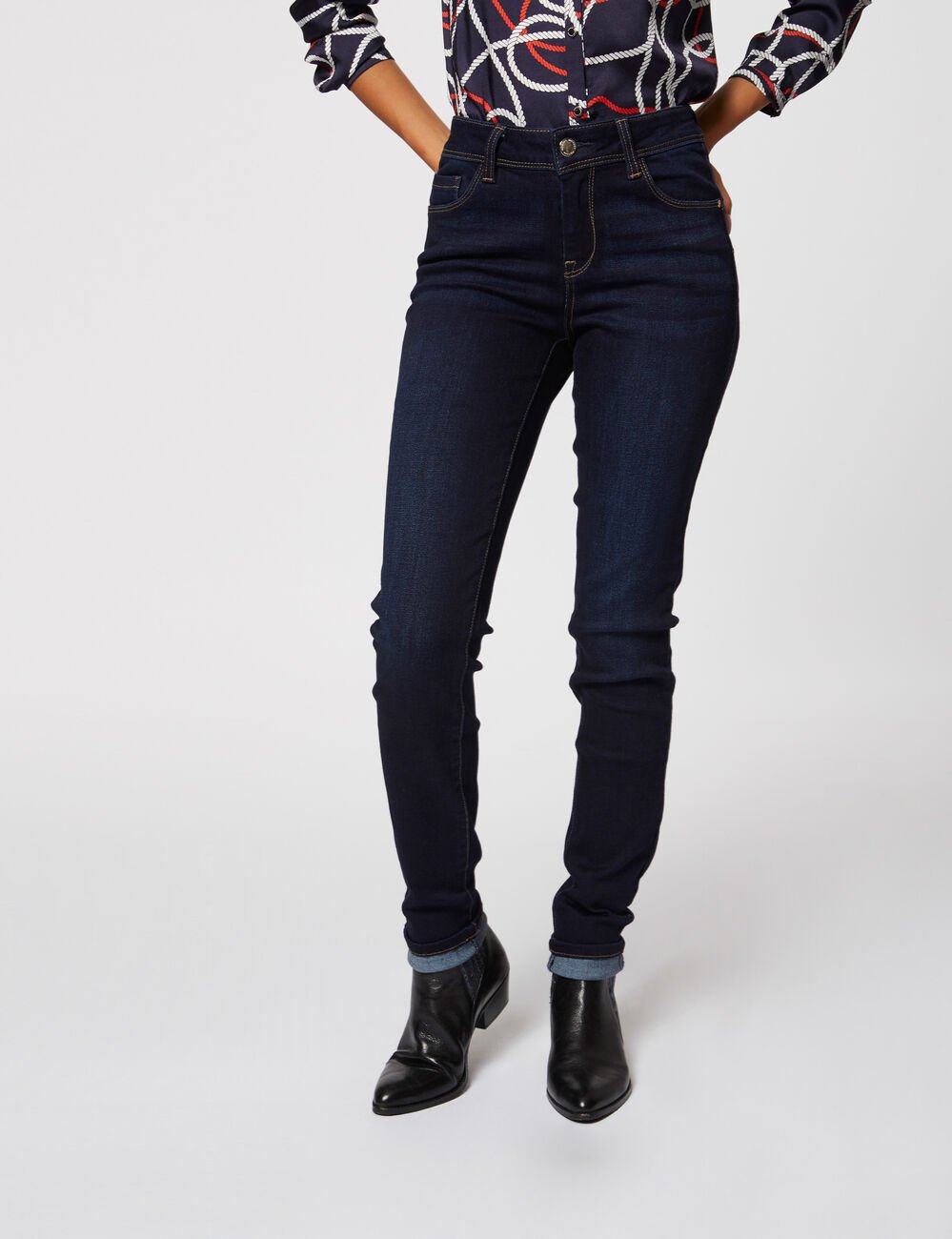 Jeans slim standaard-taille met zakken ruw denim vrouw
