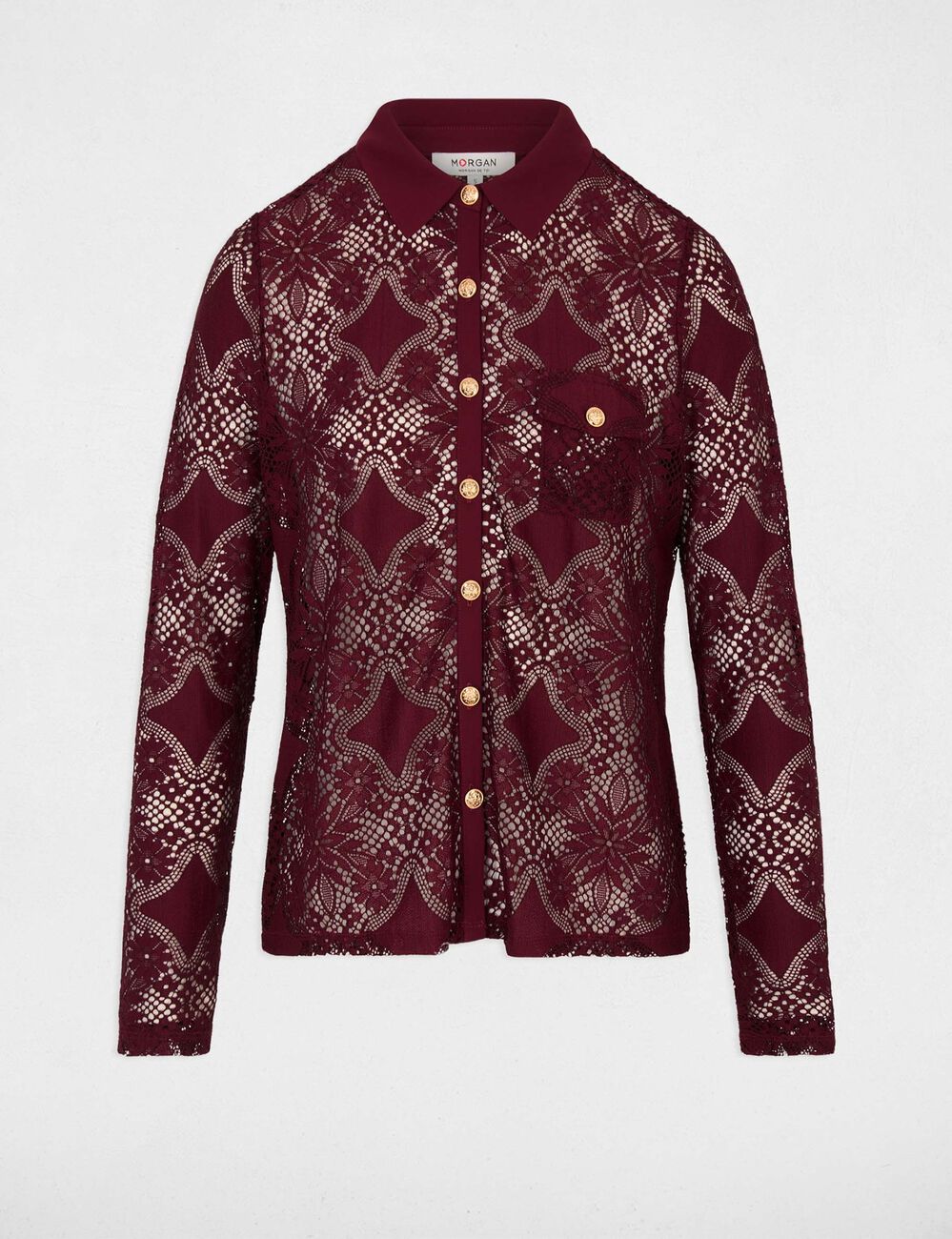 Kant blouse met reverskraag bordeaux vrouw