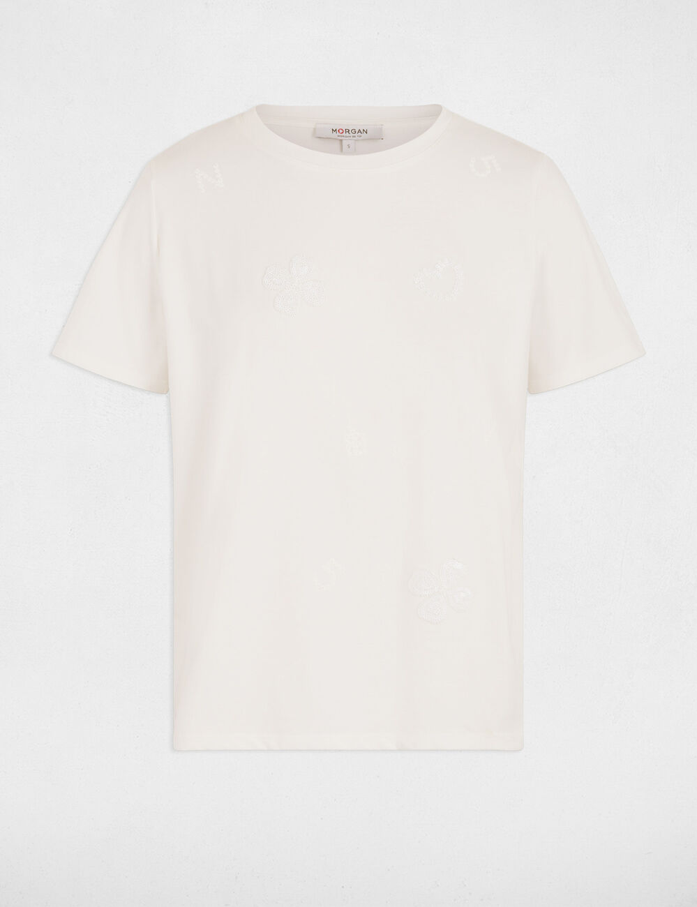 T-shirt brod&eacute; col rond blanc femme