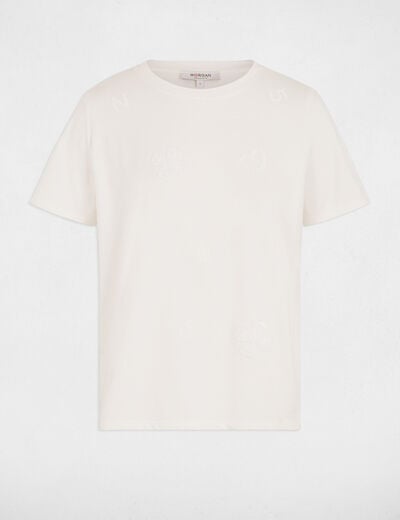 Geborduurd T-shirt met ronde hals helder wit vrouw