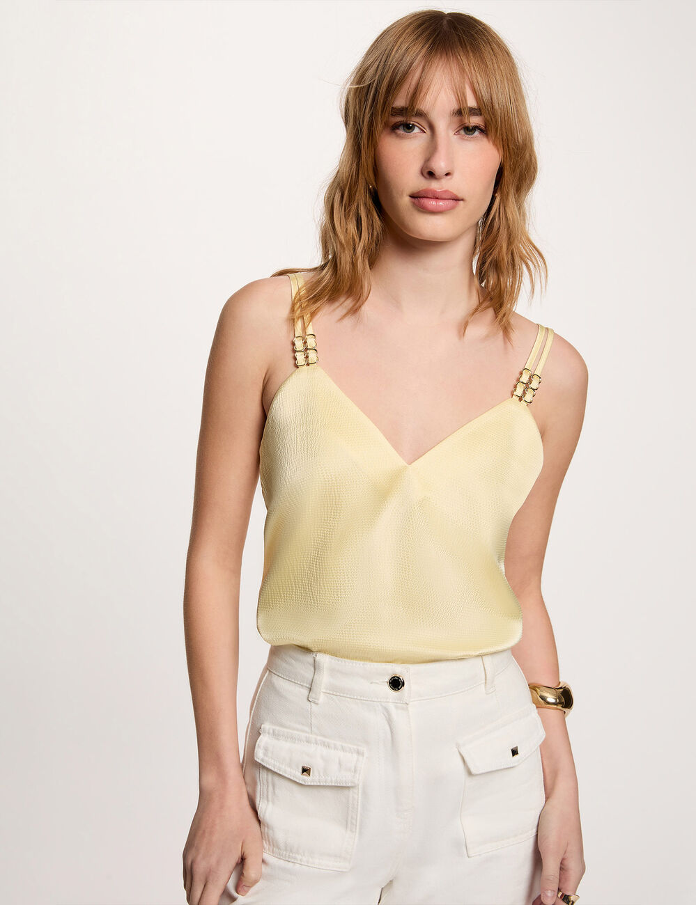 Top satin &agrave; bretelles jaune pastel femme