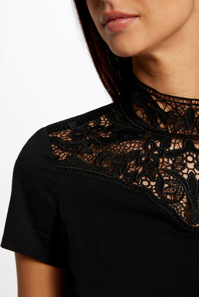 T-shirt met korte mouwen van kant zwart vrouw