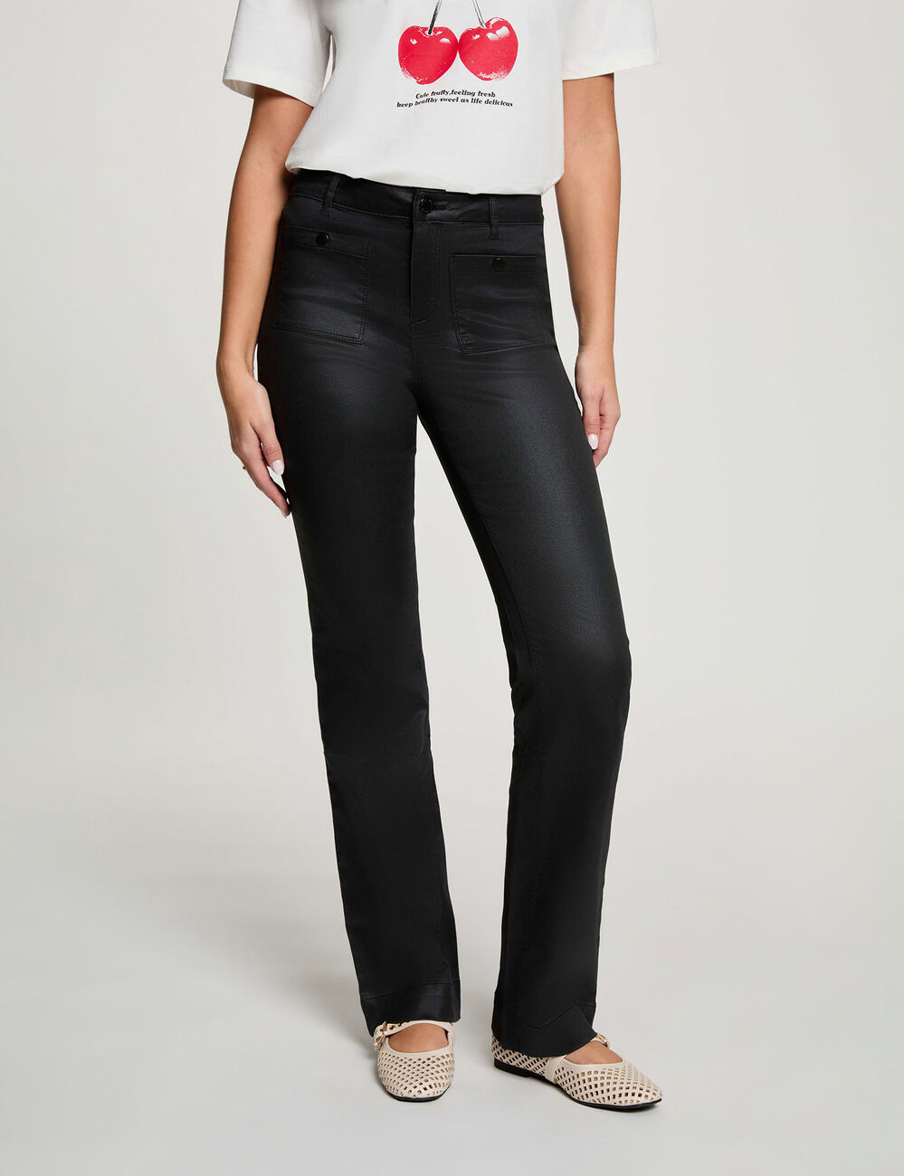Bootcut broek met coating zwart vrouw
