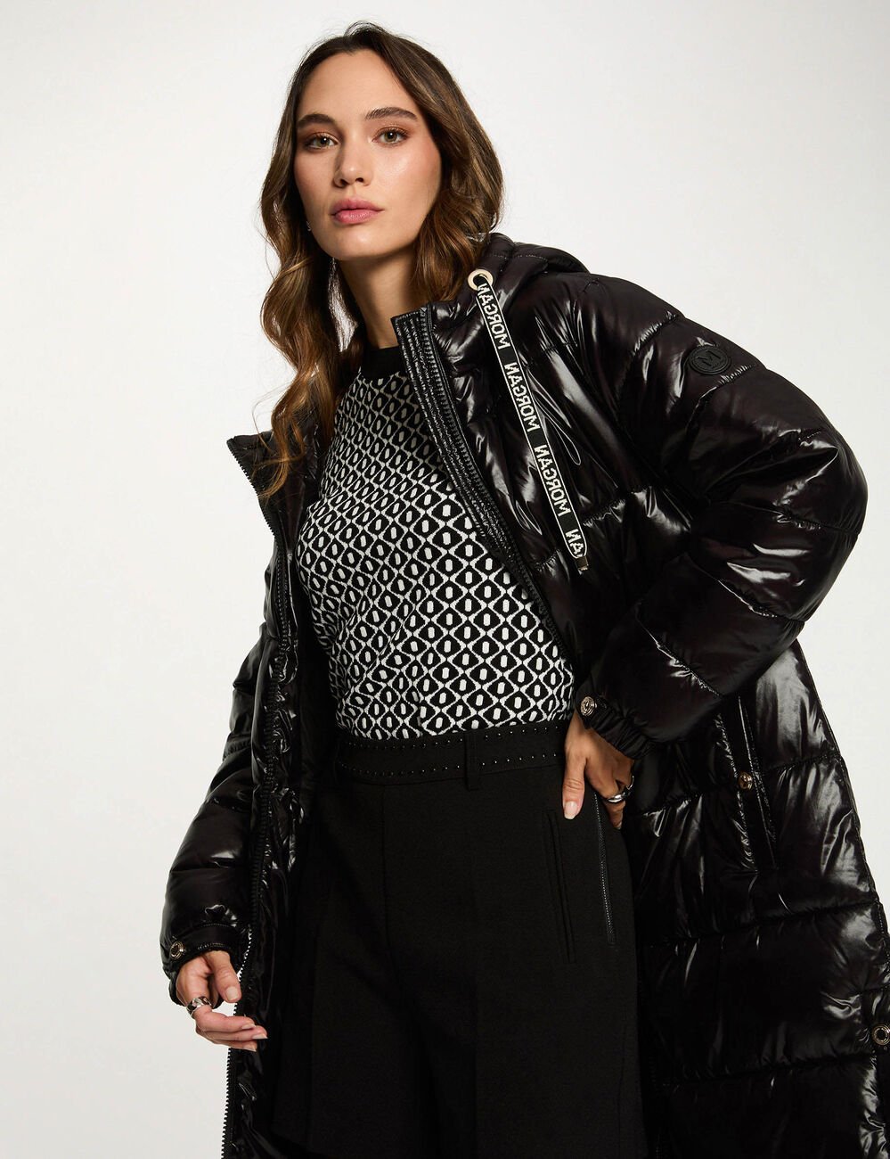 Doudoune longue brillante noir femme