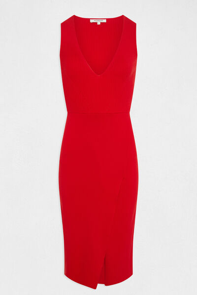 Getailleerde midi-sweaterjurk met V-hals rood vrouw
