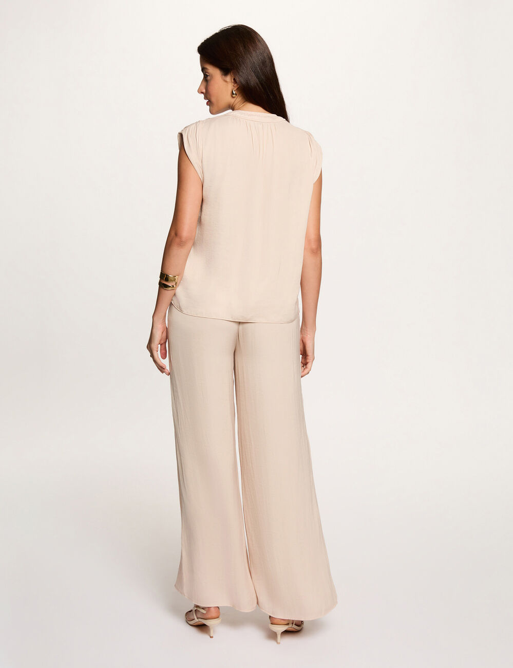 Blouse met korte mouwen licht beige vrouw