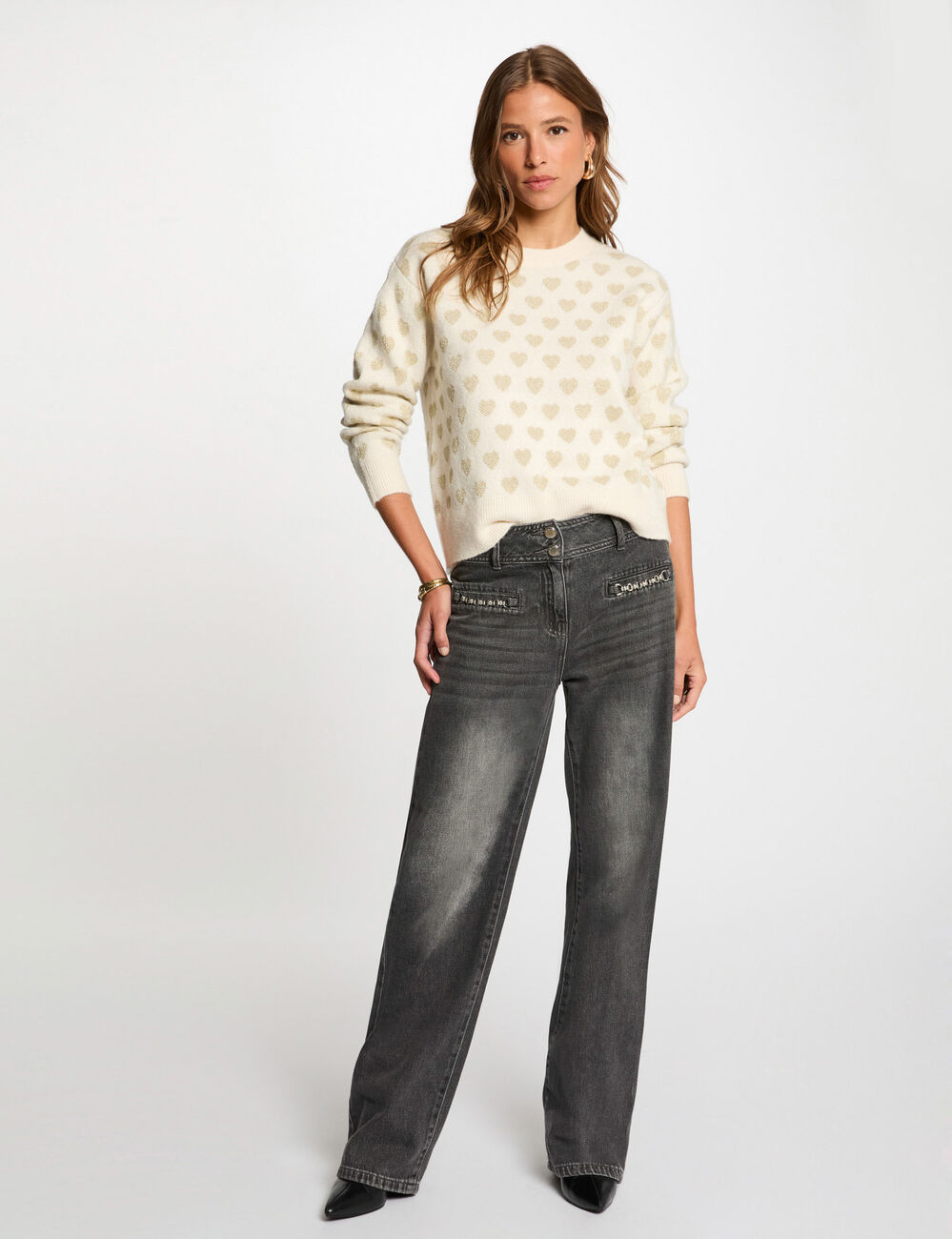 Pull col rond imprimé ivoire femme