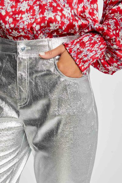 Pantalon droit simili cuir métallisé argente femme