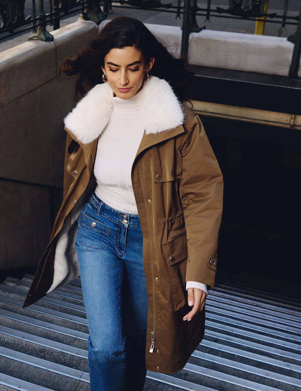 Parka longue ajustable camel femme