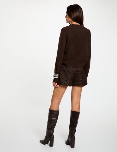 Short tweed taille haute marron fonc&eacute; femme