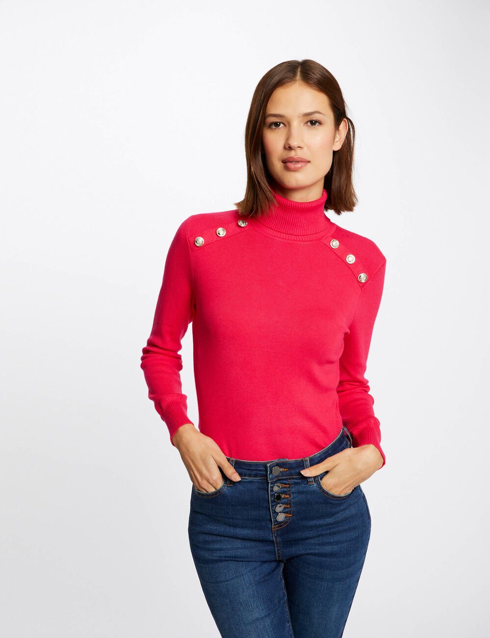Pull manches longues &agrave; col roul&eacute; rose framboise femme