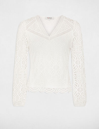 T-shirt col en V dentelle ivoire femme