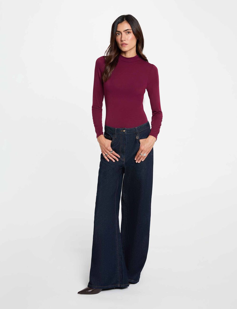 T-shirt col montant manches longues prune femme