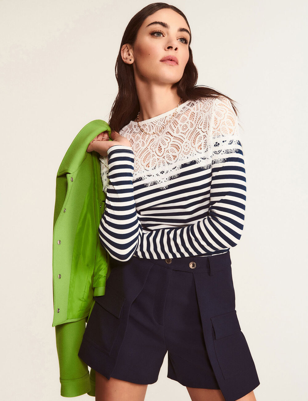 Gestreept T-shirt met lange mouwen helder wit vrouw
