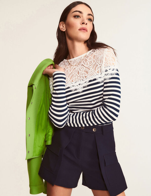Gestreept T-shirt met lange mouwen helder wit vrouw