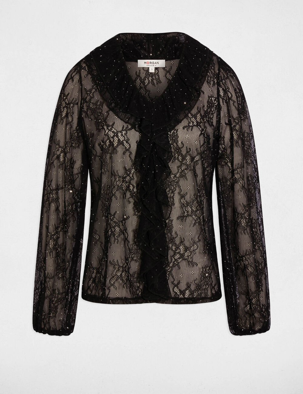 Kant T-shirt met V-hals zwart vrouw