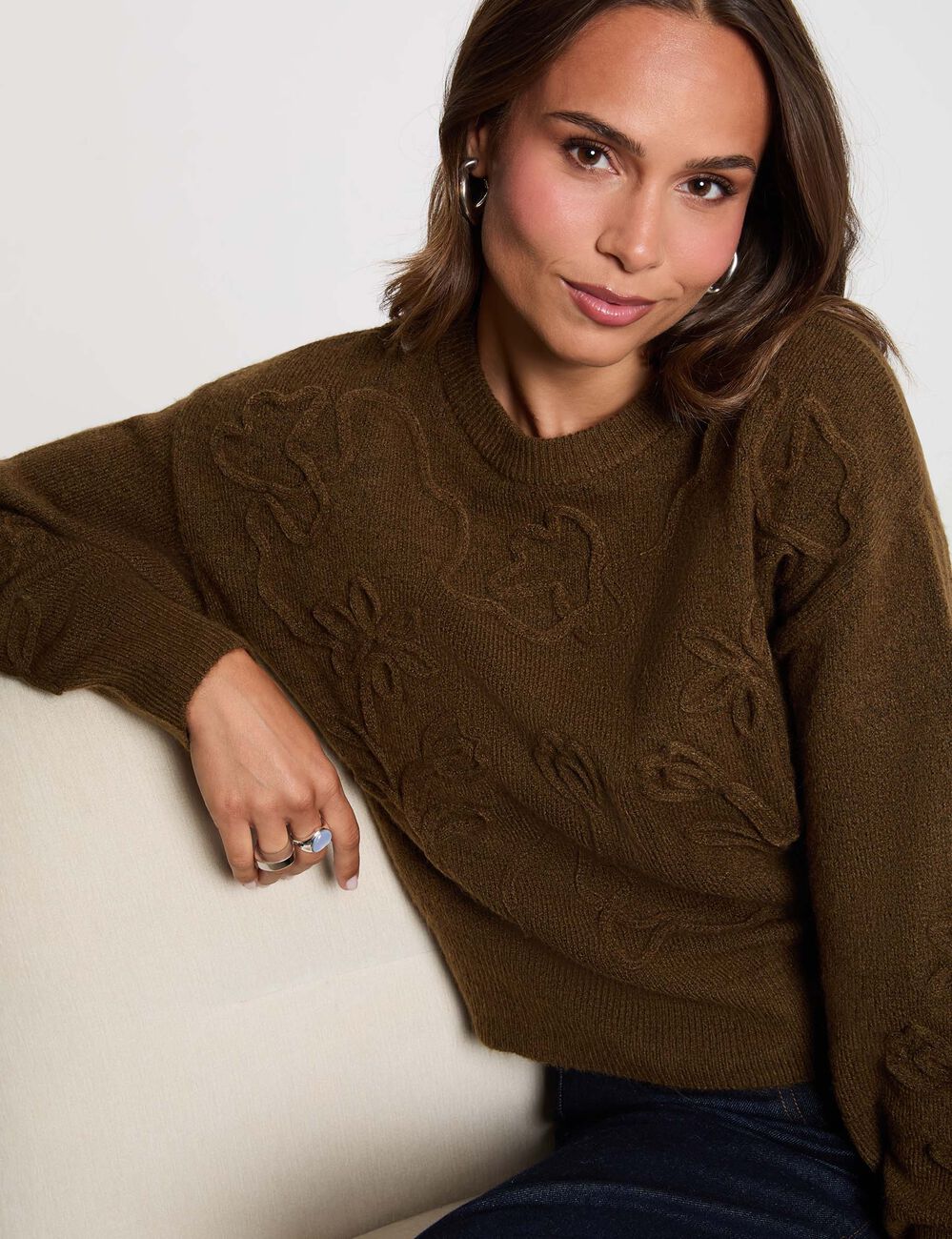 Pull col rond fantaisie vert kaki femme