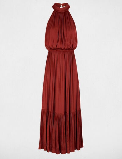 Robe longue &eacute;vas&eacute;e fluide marron cognac femme