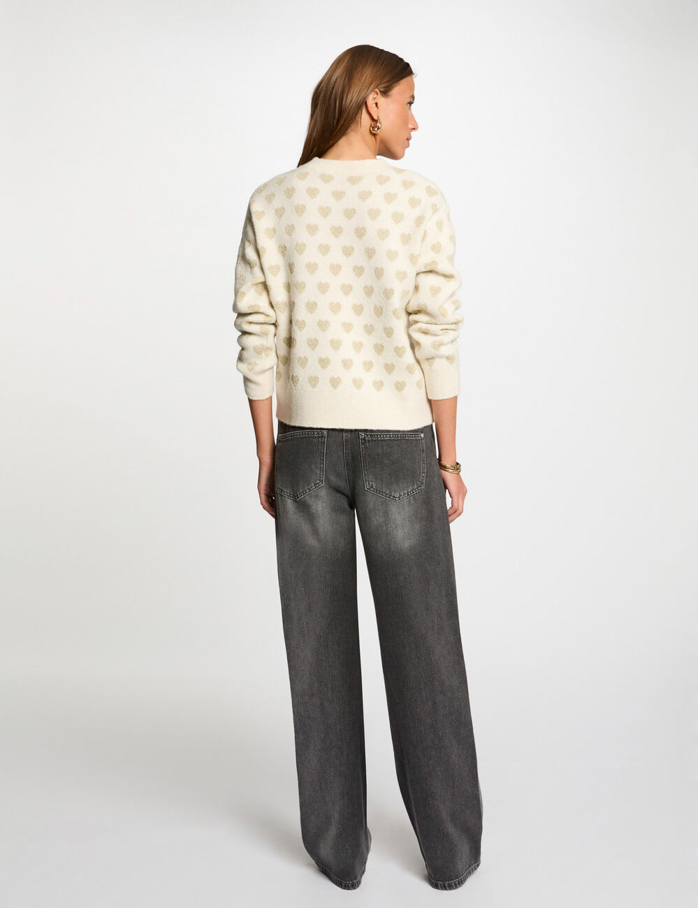 Pull col rond imprimé ivoire femme