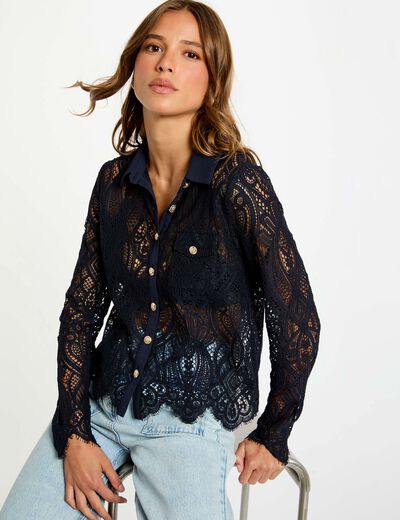 Korte kanten blouse marineblauw vrouw