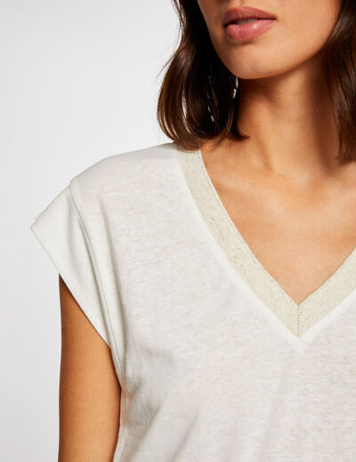 T-shirt met V-hals en korte mouwen ivoor vrouw