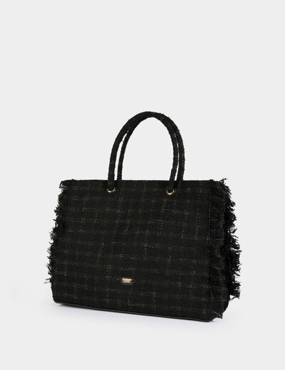 Tweed shopper met franjes zwart vrouw