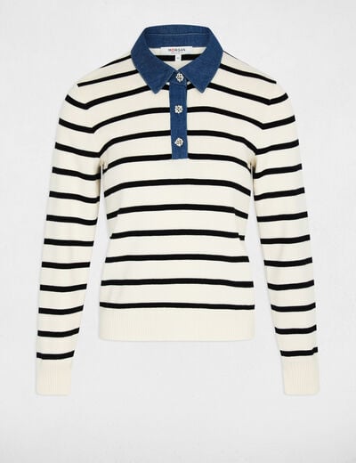 Pull ray&eacute; col &agrave; revers ivoire femme