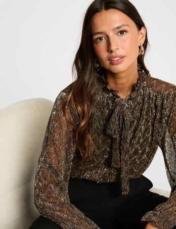 T-shirt met lavallièrekraag goudgeel vrouw