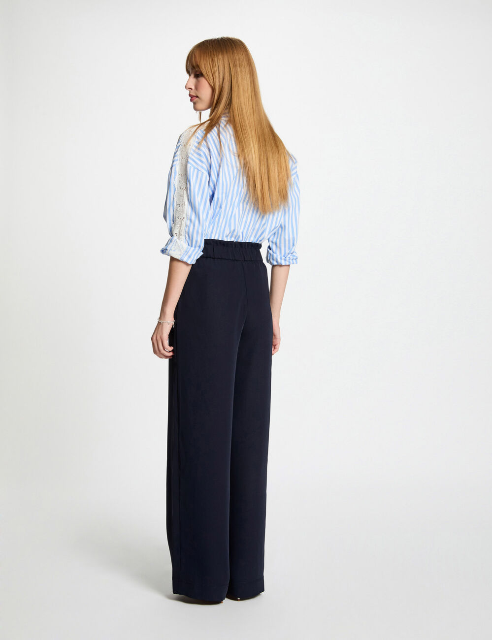 Hoge taille wijde broek marineblauw vrouw