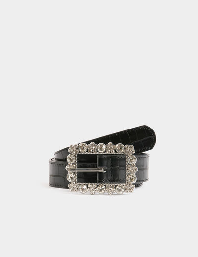 Ceinture croco boucle strass noir femme