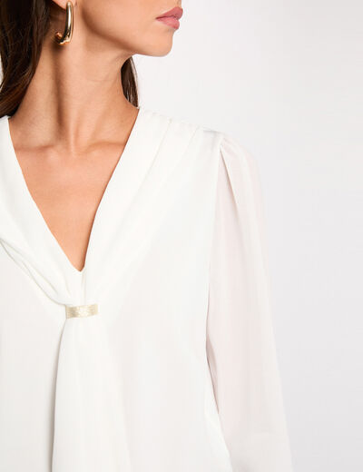 T-shirt voile col lavalli&egrave;re blanc femme