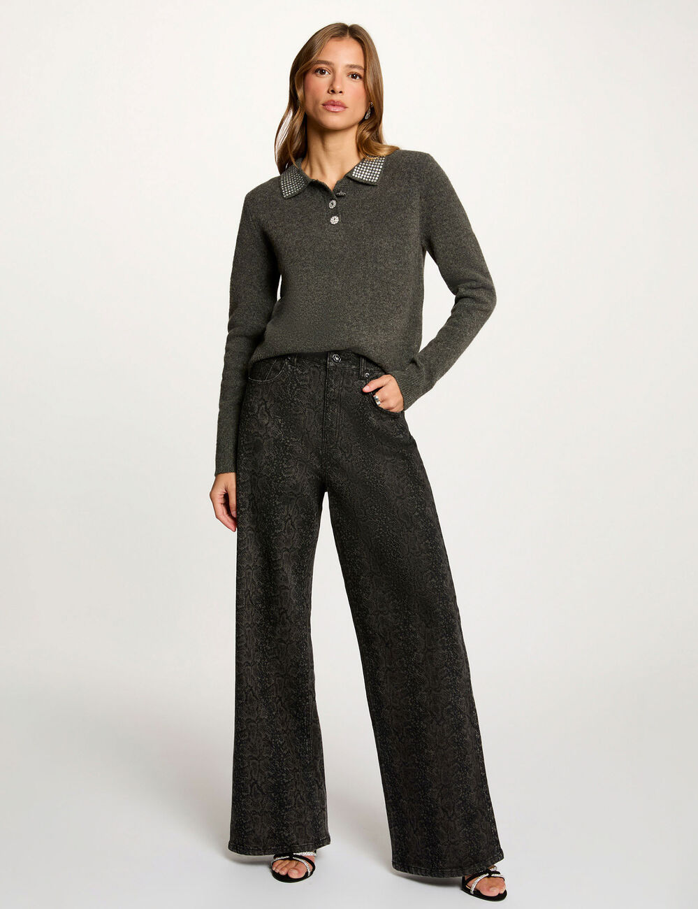 Pull ajusté col à revers gris foncé femme