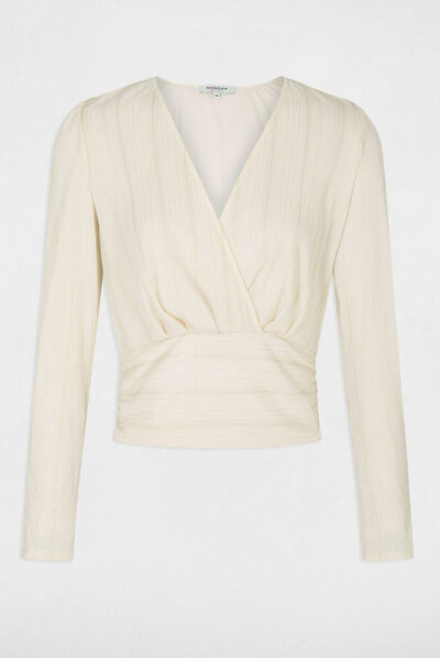 Blouse manches longues col cache-coeur ecru femme