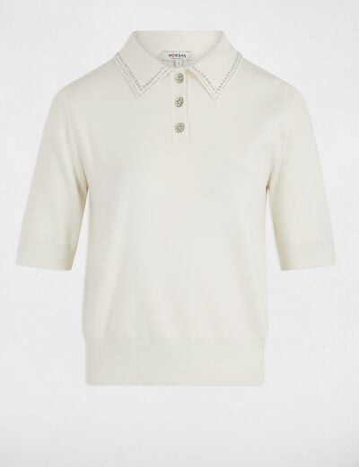 Pull ajusté col polo ecru femme