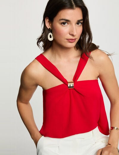 Top plissé col montant rouge femme