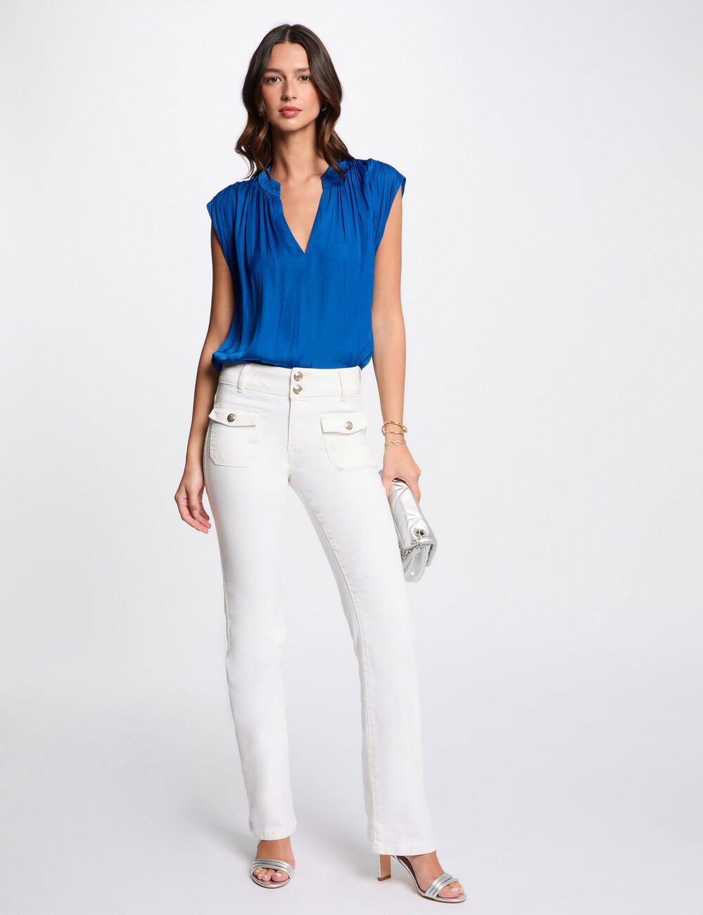 Blouse met korte mouwen bleu electrique vrouw